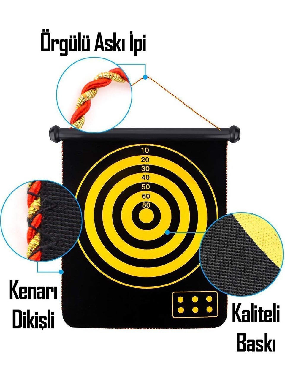 Yüksek Kalite En Büyük Boy Mıknatıslı Manyetik Dart Seti Çift Yönlü Rulo Hedef Tahtası 6'lı Dartboard 40 x 48 CM