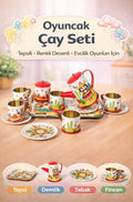 Desenli Metal Çay Seti 14 Parça Oyuncak Evcilik Seti