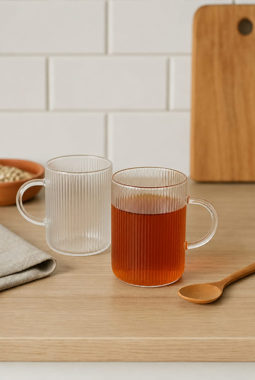 2 Adet Çizgili Kulplu Cam Kahve Çay Bardak 150 ML