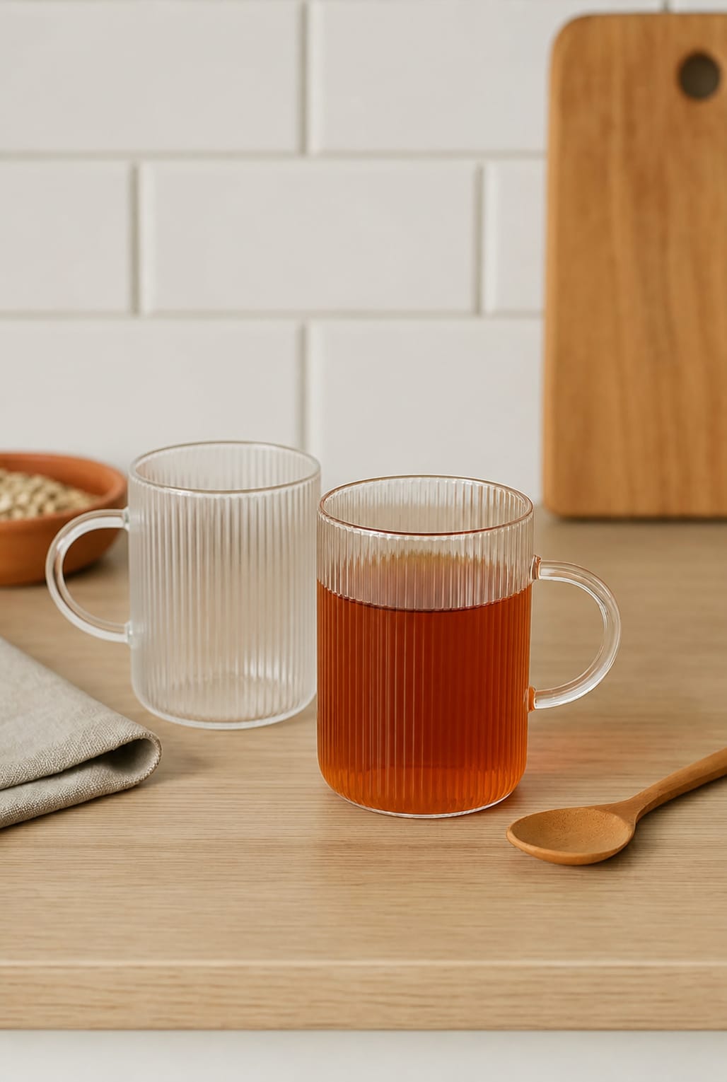 2 Adet Çizgili Kulplu Cam Kahve Çay Bardak 320 ML