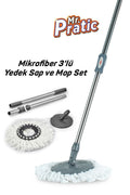 3'lü Set 360 Derece Döner Set Uyumlu Temizlik Seti Yedek Sap Başlık Mikrofiber Paspas Ve Mop