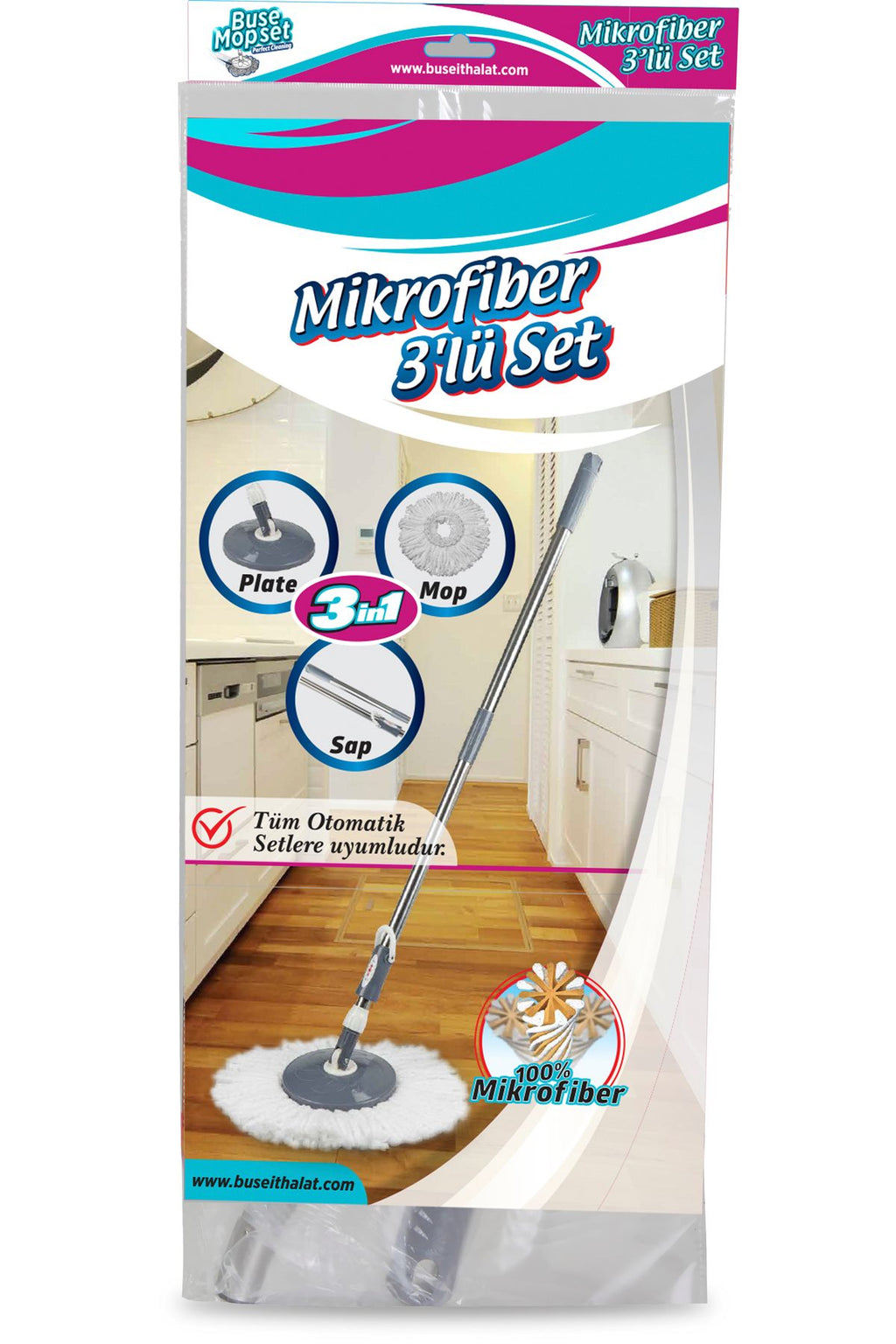 3'lü Set 360 Derece Döner Set Uyumlu Temizlik Seti Yedek Sap Başlık Mikrofiber Paspas Ve Mop