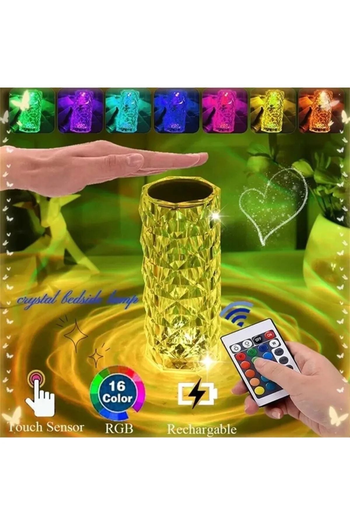 3D Elmas Kristal Şarjlı Dokunmatik Kumandalı Led Masa Lambası