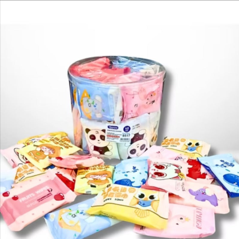 5 Paket 10 Yapraklı Islak Mendil Karışık Desen 11CM