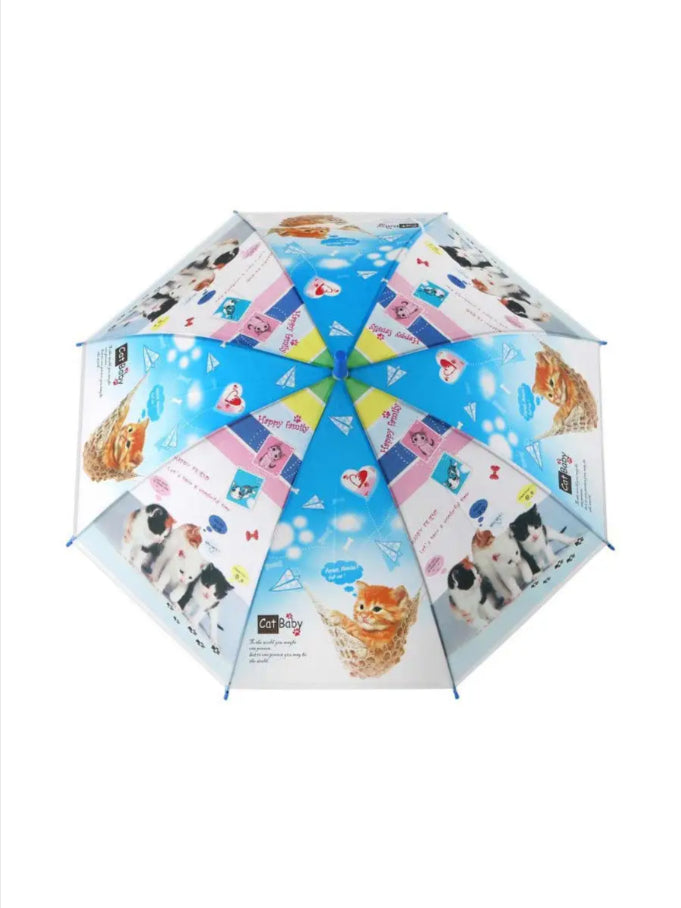 8 Telli Yarı Otomatik 84cm Çaplı Düdklü Kedi Desenli Çocuk Baston Şemsiye