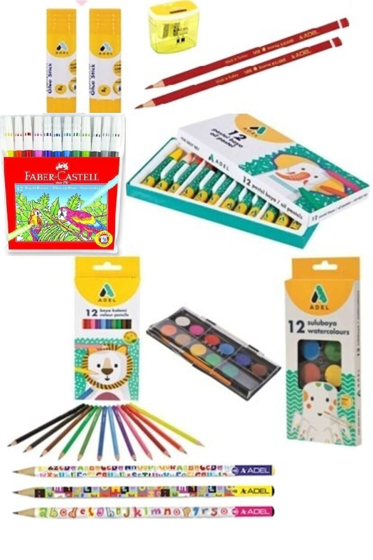 Adel 12'li Kuru Boya Sulu Boya Pastel Boya Faber 12'li Keçeli Kalem Stik Yapıştırıcı 2 Adet 56 Parça