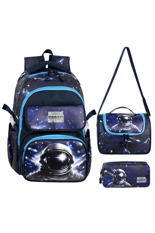 Astronot Desenli İlkokul Çantası + Beslenme Çantası + Kalemlik Set