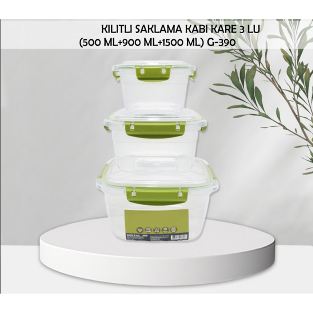 3'lü Kare Sızdırmaz Kilitli Saklama Kabı | Buzluk-Dondurucu ve Mikrodalga ve Bulaşık Makinesi İçin Uygun | 500ml , 900ml ve 1500ml Set