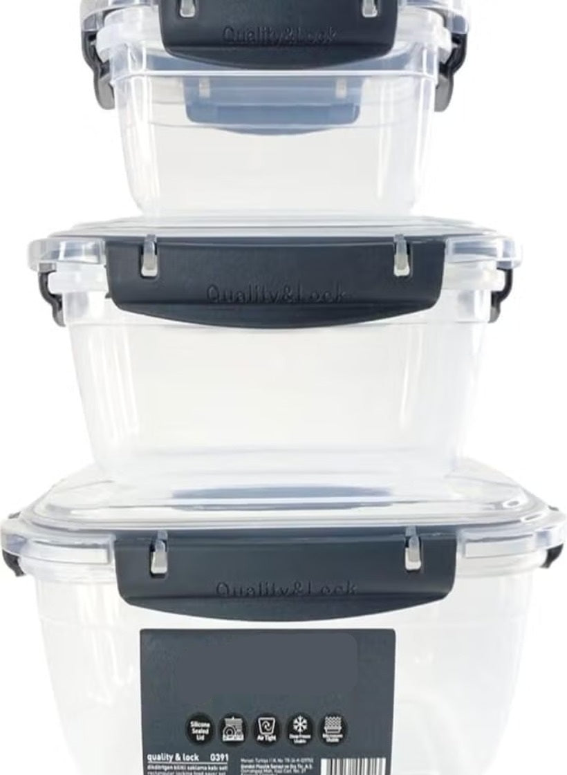 3'lü Kare Sızdırmaz Kilitli Saklama Kabı | Buzluk-Dondurucu ve Mikrodalga ve Bulaşık Makinesi İçin Uygun | 500ml , 900ml ve 1500ml Set