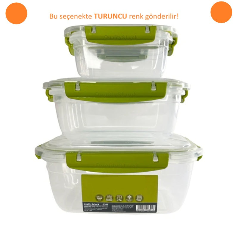 3'lü Kare Sızdırmaz Kilitli Saklama Kabı | Buzluk-Dondurucu ve Mikrodalga ve Bulaşık Makinesi İçin Uygun | 500ml , 900ml ve 1500ml Set