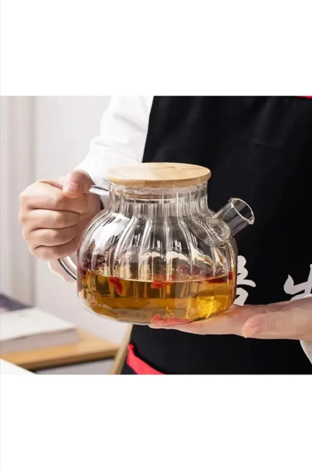 Bambu Kapaklı 1LT Ocağa Koyulabilir Çizgili Cam Demlik