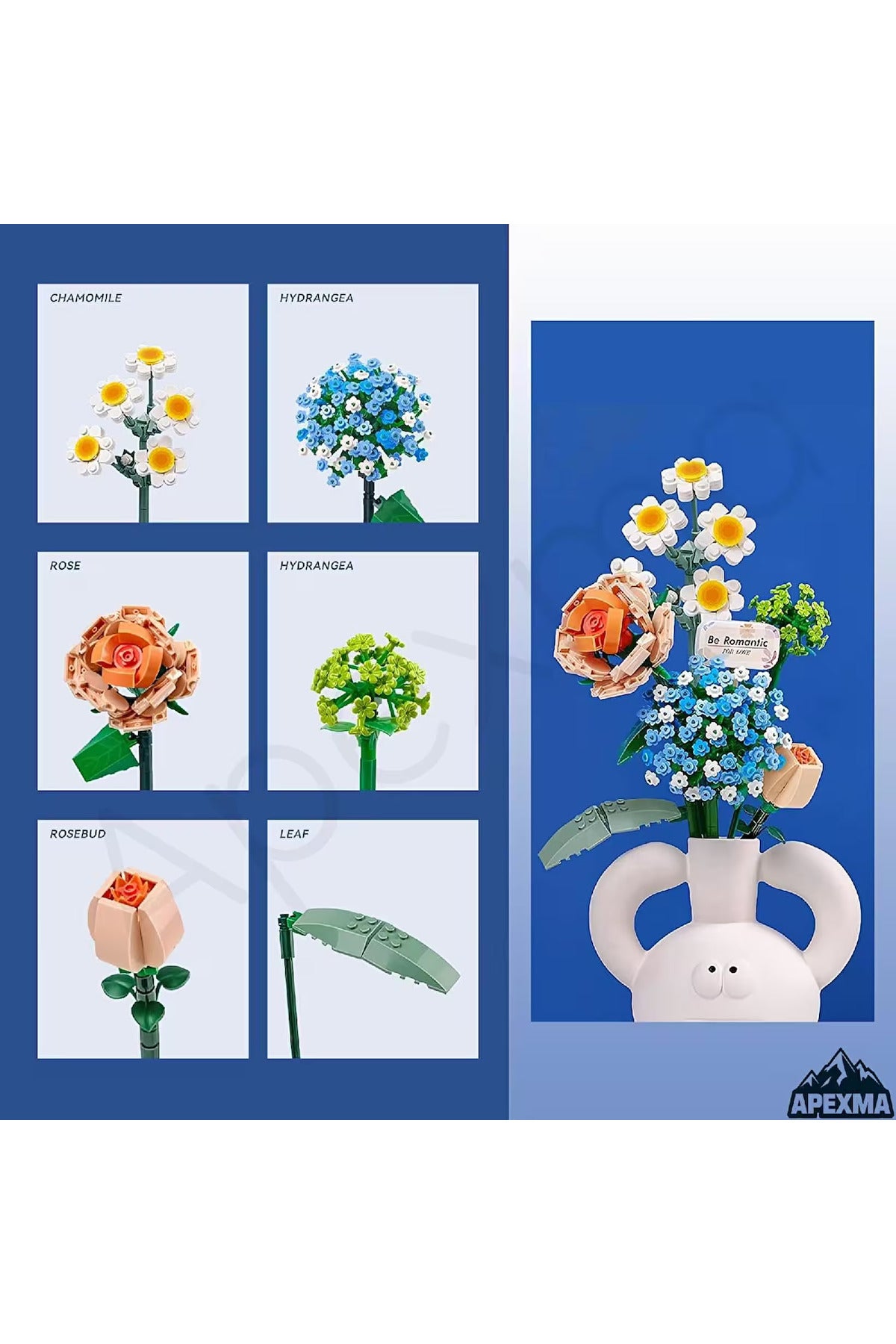 blok Çiçek Buketi Yapım Seti 680 Parça - Papatya/Ortanca/Gül/Gül Goncası Set