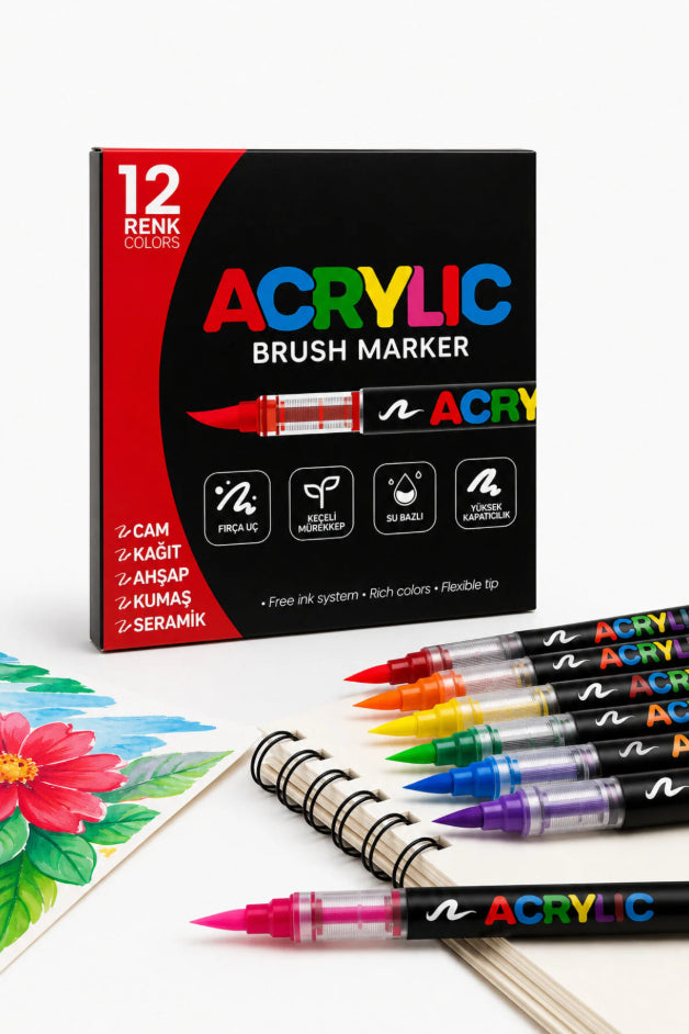 Brush Akrilik Marker Ufen Fırça Uçlu Akrilik Kalem 12 li