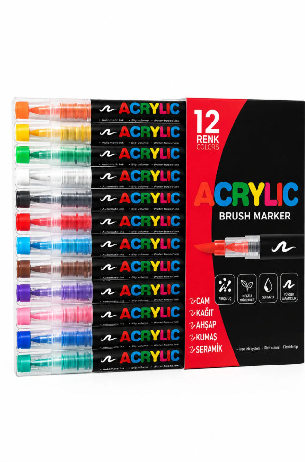 Brush Akrilik Marker Ufen Fırça Uçlu Akrilik Kalem 12 li