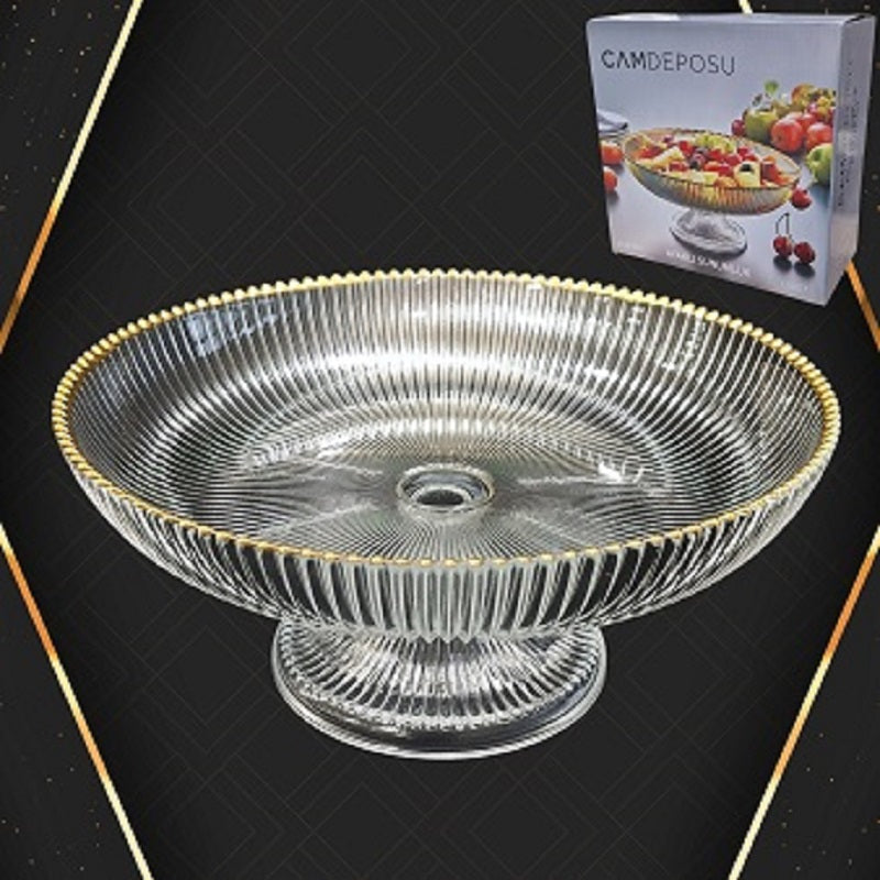 Cam Ayaklı Gold Şeritli Cam Meyvelik 24,5 Cm