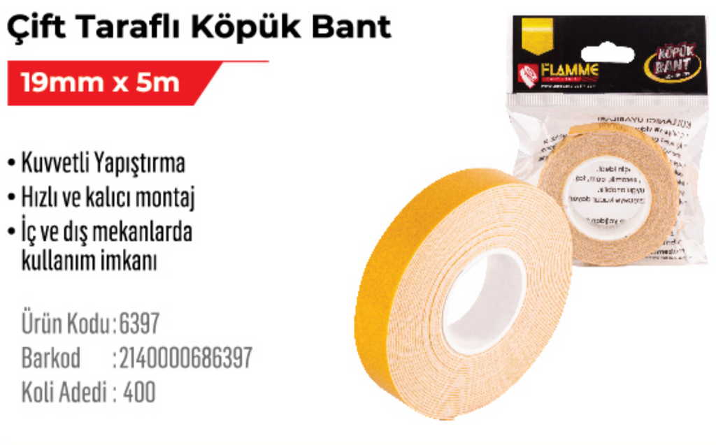 Çift Taraflı Köpük Bant 19mm x 5m