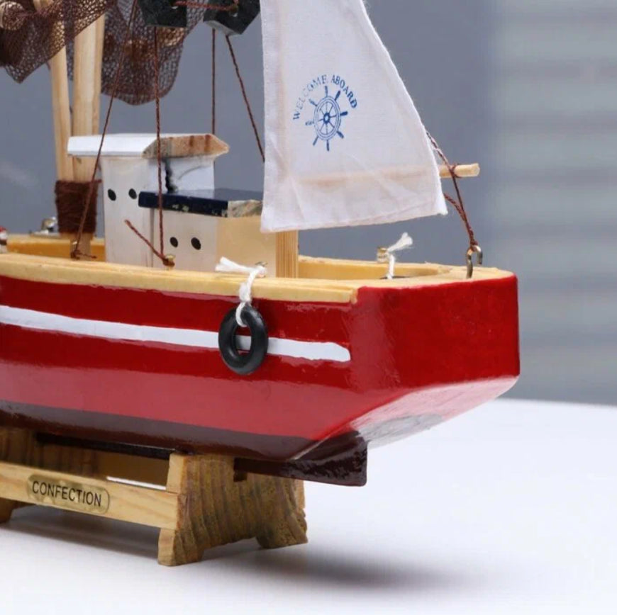 El Yapımı Dekoratif Ahşap Yelkenli Balıkçı Teknesi Taka Maketi 15CM