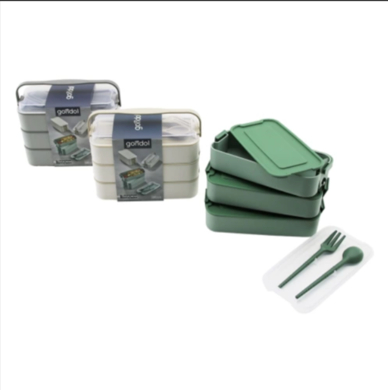 Gondol Layer G-770 Beslenme Kutusu ( 3 Katlı X 420ml & Çatal & Kaşık & Tekli Taşıma Kulp ) (Pembe, Yeşil, Krem ve Gri Renkler)
