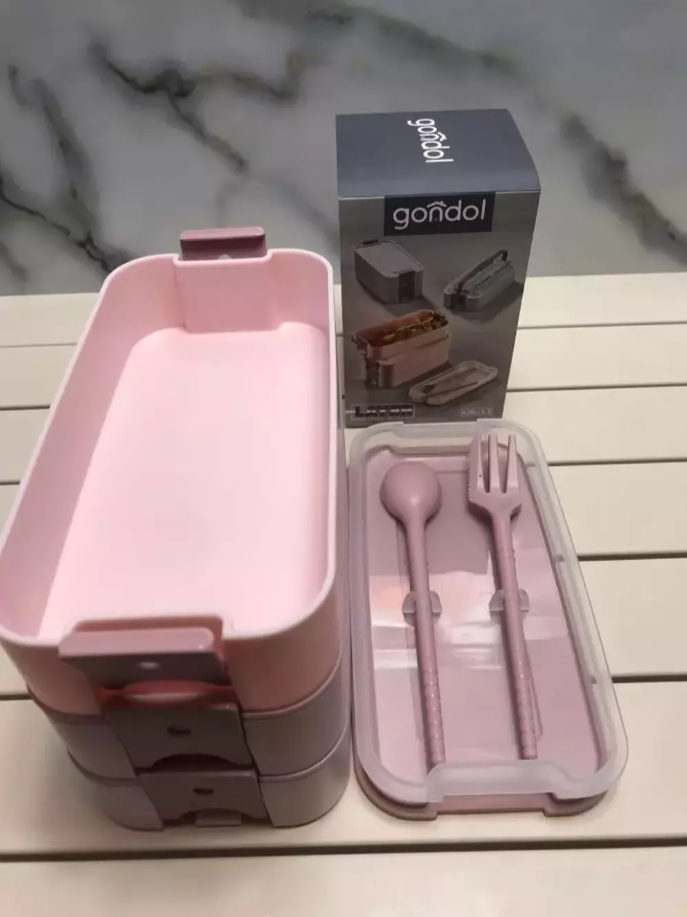 Gondol Layer G-770 Beslenme Kutusu ( 3 Katlı X 420ml & Çatal & Kaşık & Tekli Taşıma Kulp ) (Pembe, Yeşil, Krem ve Gri Renkler)