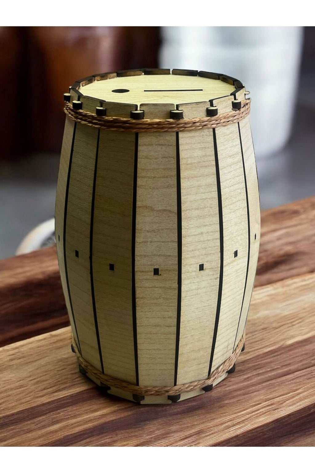 Dekoratif Hediyelik Anahtarlı Ahşap Fıçı Kumbara 20x14 cm
