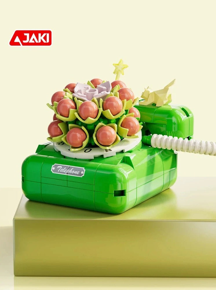 JAKİ Çiçekli Nostalji Serisi: Telefon | 189 Parça Mikro Bloklar | 8+ Yaş | Sukulentli Retro Telefon Maketi