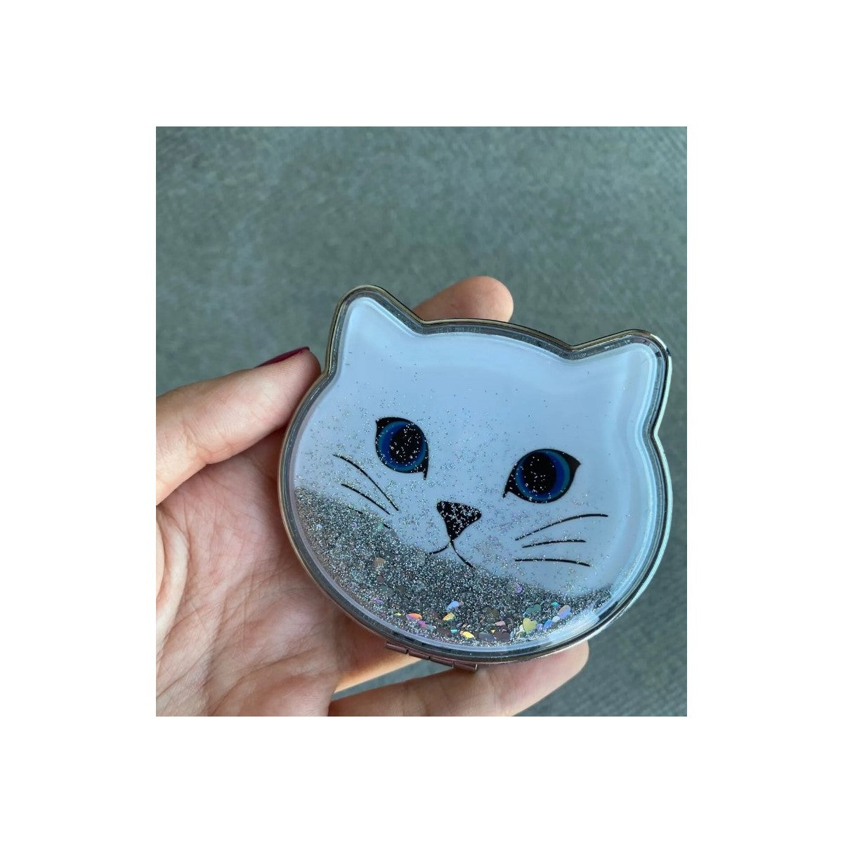 Kedi Tasarımlı Simli Sulu Kozmetik Cep Çanta Aynası Kapaklı El Makyaj Aynası Aparatı
