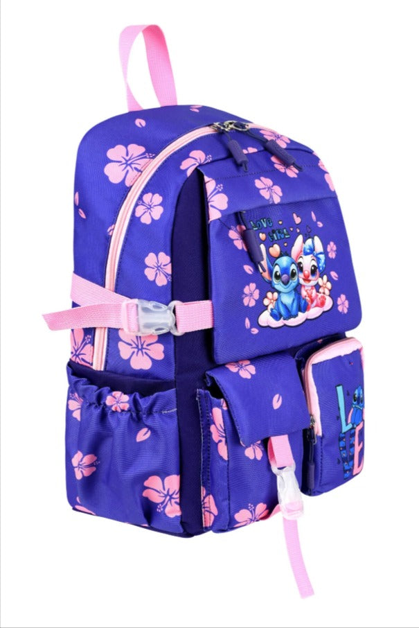 Kore Kawai Mor Stitch Stiç Temalı Kız Çocuk İlkokul Çantası Termal Beslenme Çantası ve Kalemlik Set