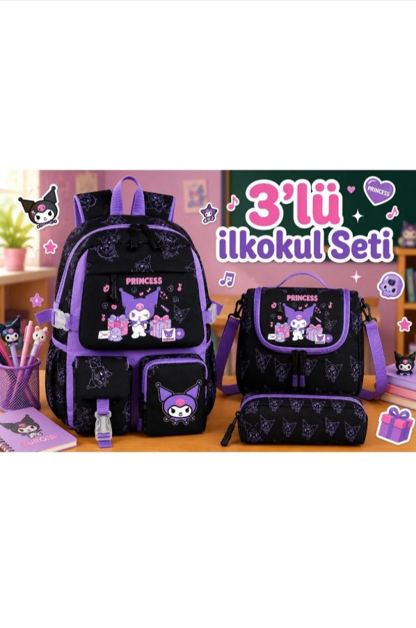 Kore Kawai Kapaklı Kuromi Temalı Kız İlkokul Çantası Termal Beslenme Çantası ve Kalemlik