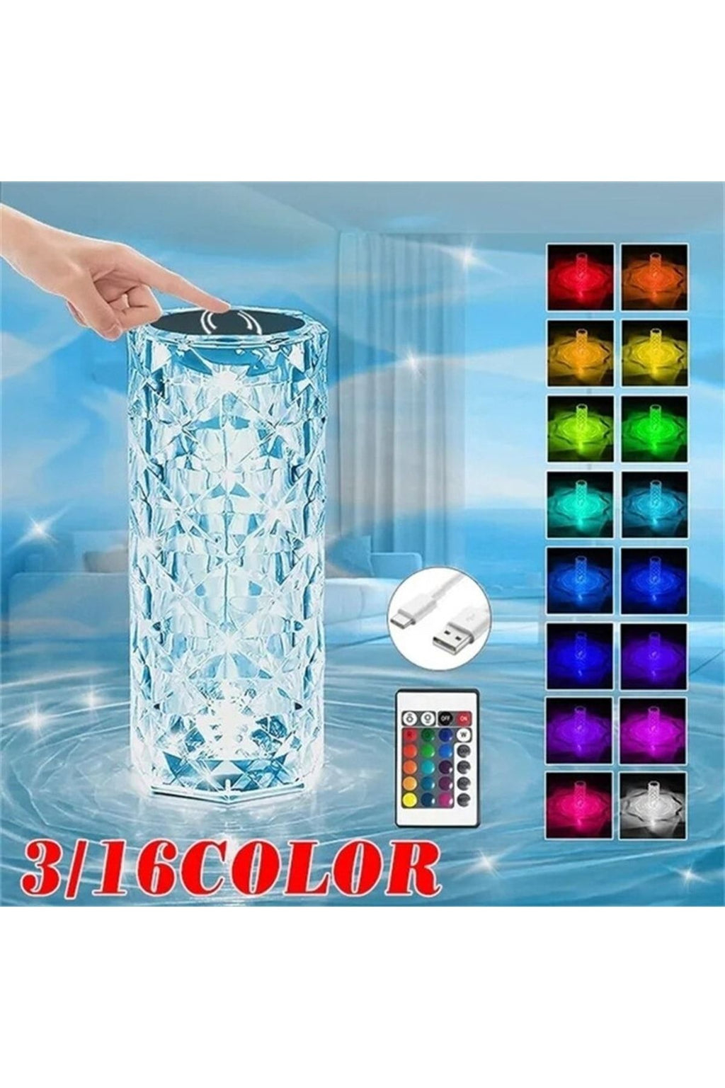 Kumandalı Kristal Masa Lambası Rgb Renk Değiştiren Gece Lambası 16 Renk 4 Mod Dokunmatik Kontrol