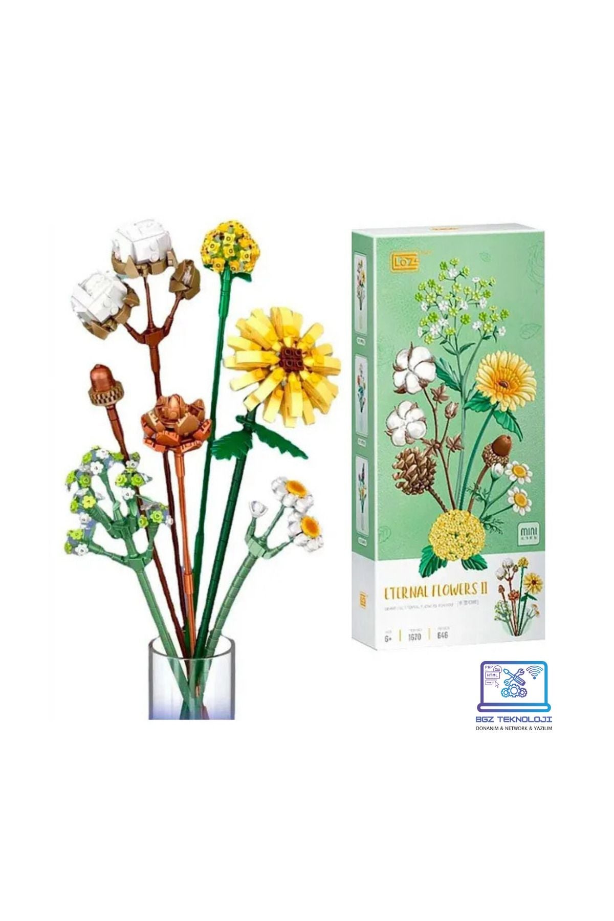 🌼 Loz Eternal Flowers Yapı Seti – Ayçiçeği, Ortanca, Zambak ve Şakayık ile Özel Çiçek Aranjmanı