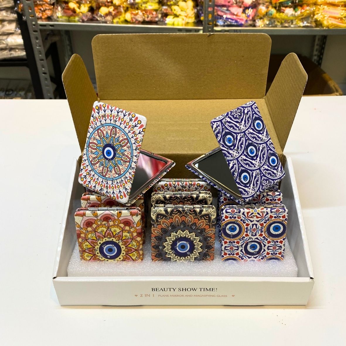 Otantik Mandala Tasarımlı Nazar Boncuklu Büyüteçli  Kozmetik Dikdörtgen Cep Çanta Aynası Kapaklı El Makyaj Aynası