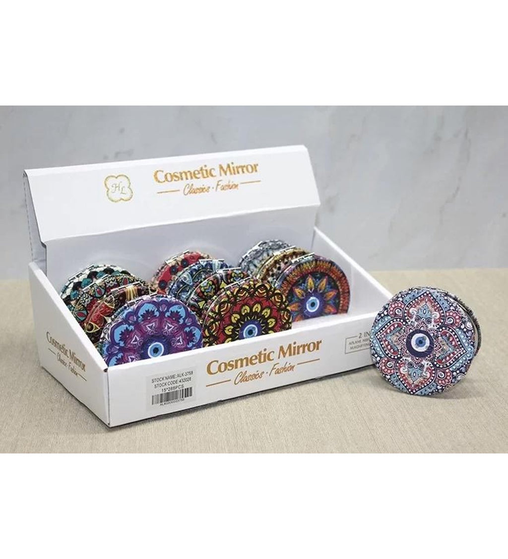 Otantik Mandala Tasarımlı Nazar Boncuklu Büyüteçli Kozmetik Yuvarlak Cep Çanta Aynası Kapaklı El Makyaj Aynası 7CM
