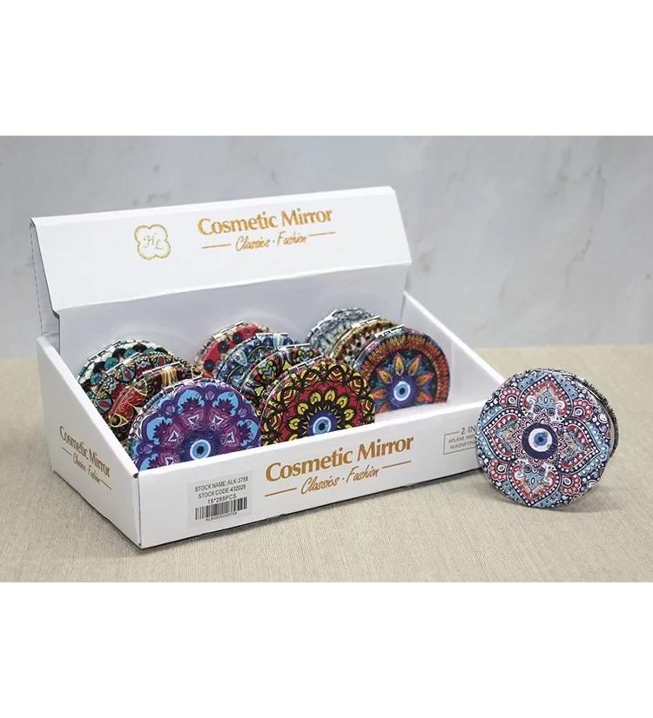 Otantik Mandala Tasarımlı Nazar Boncuklu Büyüteçli Kozmetik Yuvarlak Cep Çanta Aynası Kapaklı El Makyaj Aynası 7CM