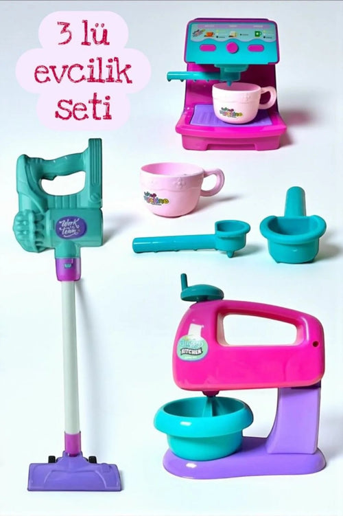 3 LÜ SET KAHVE MAKİNESİ DİKEY SÜPÜRGE VE MİKSER MAKİNESİ Oyuncak Evcilik Seti