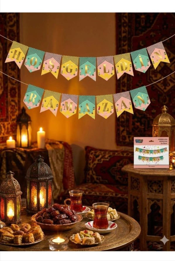 Hoş Geldin Ramazan Yazılı Rengarenk Altın Yaldızlı Banner