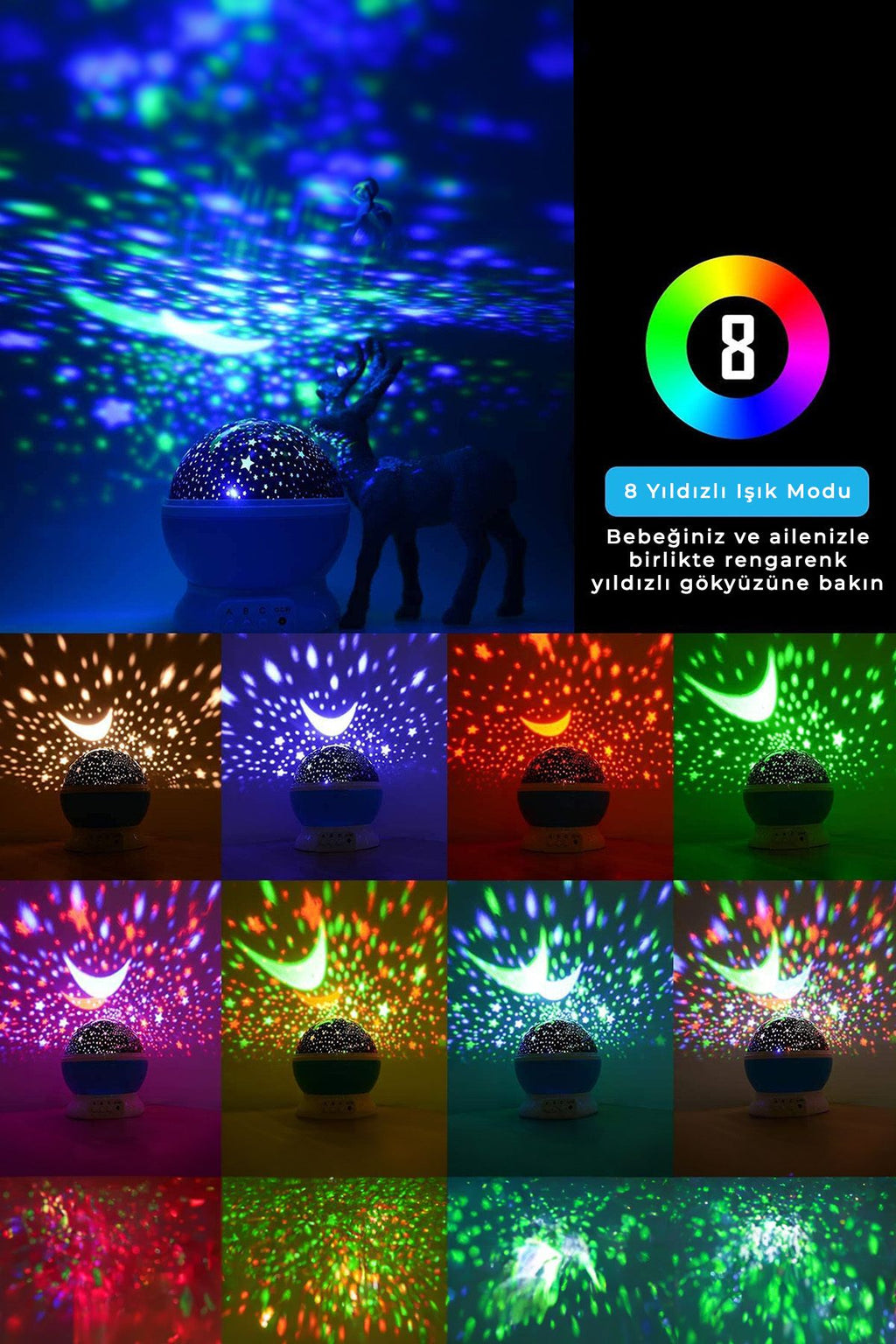 Star Master Dönen Renkli Ay Yıldızlı Gökyüzü Projeksiyon Gece Lambası Küre Top