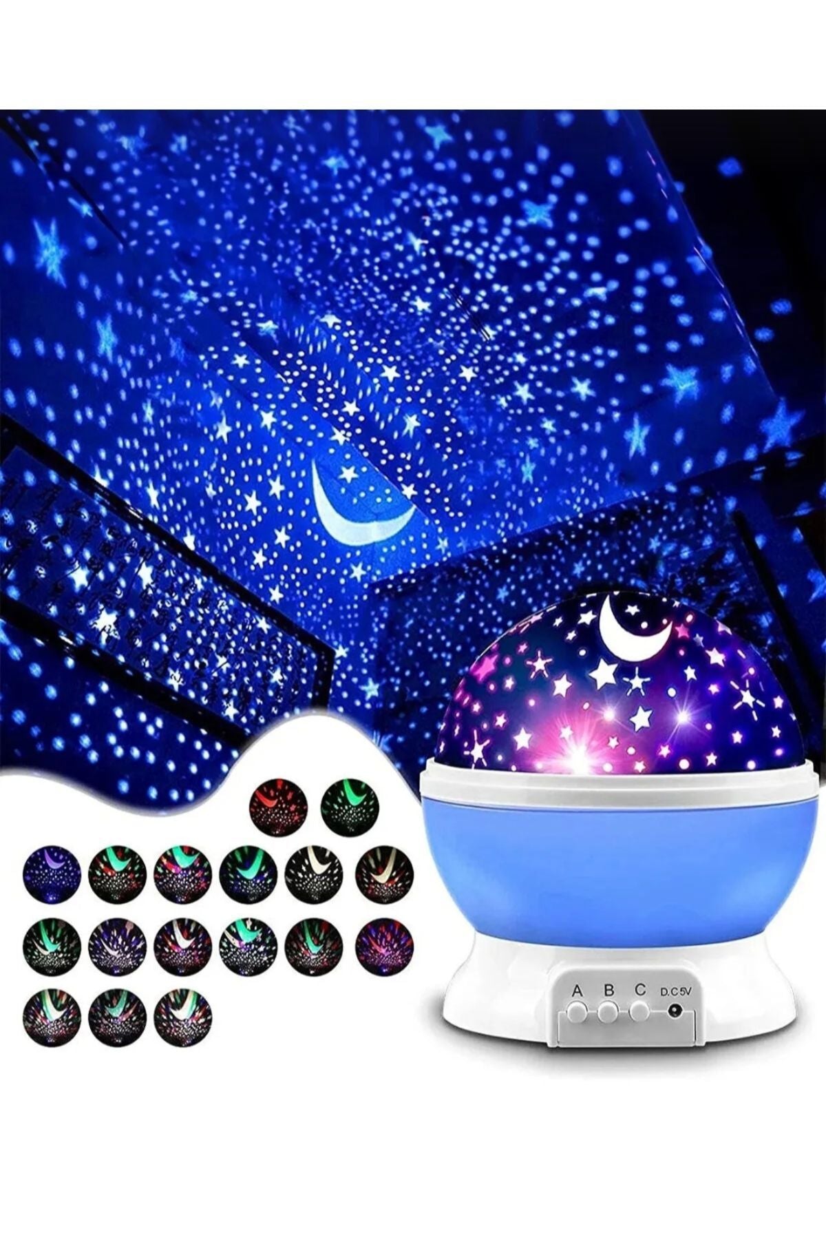 Tavana Işık Yansıtmalı Gece Lambası Dönen Yıldız Ay Projeksiyon Çocuk Odası Lambası 8 Renkli USB/Pil