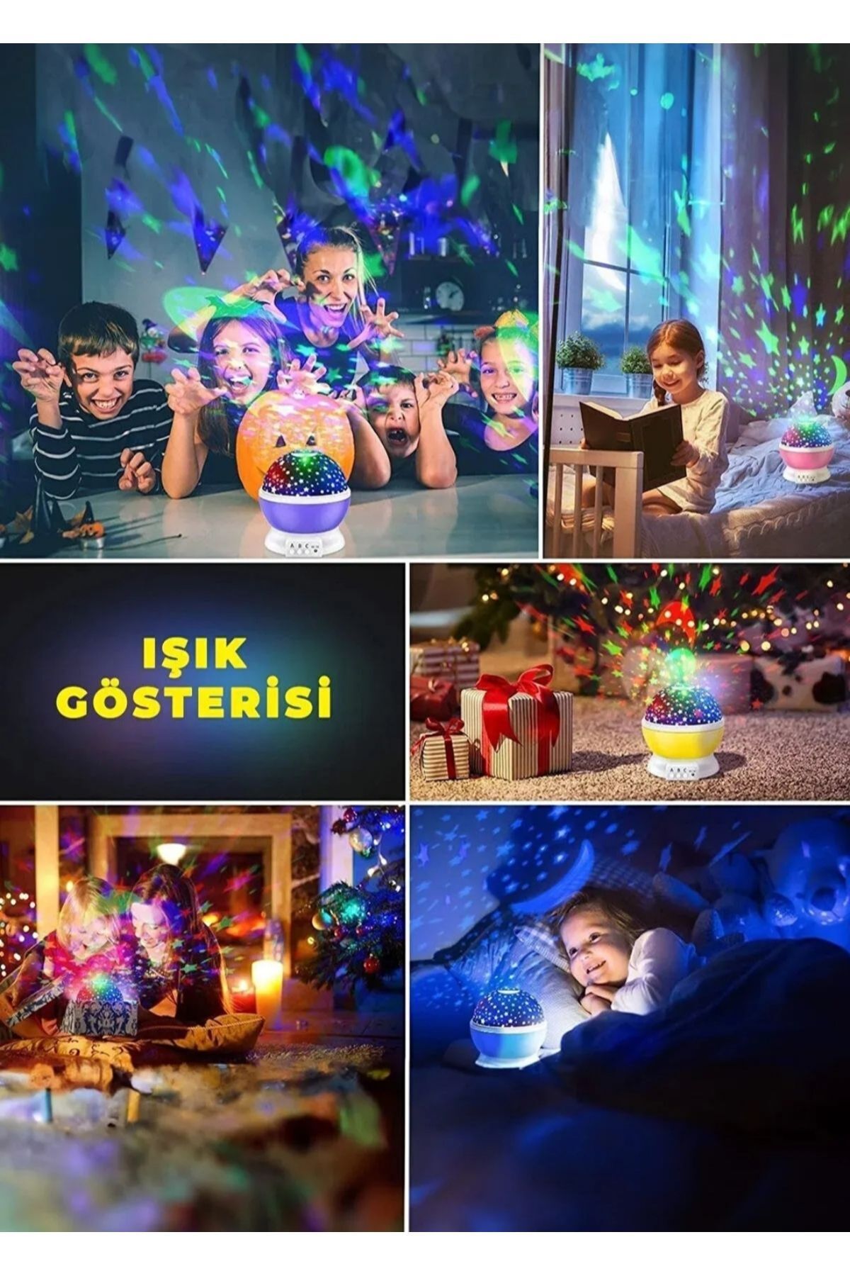 Tavana Işık Yansıtmalı Gece Lambası Dönen Yıldız Ay Projeksiyon Çocuk Odası Lambası 8 Renkli USB/Pil