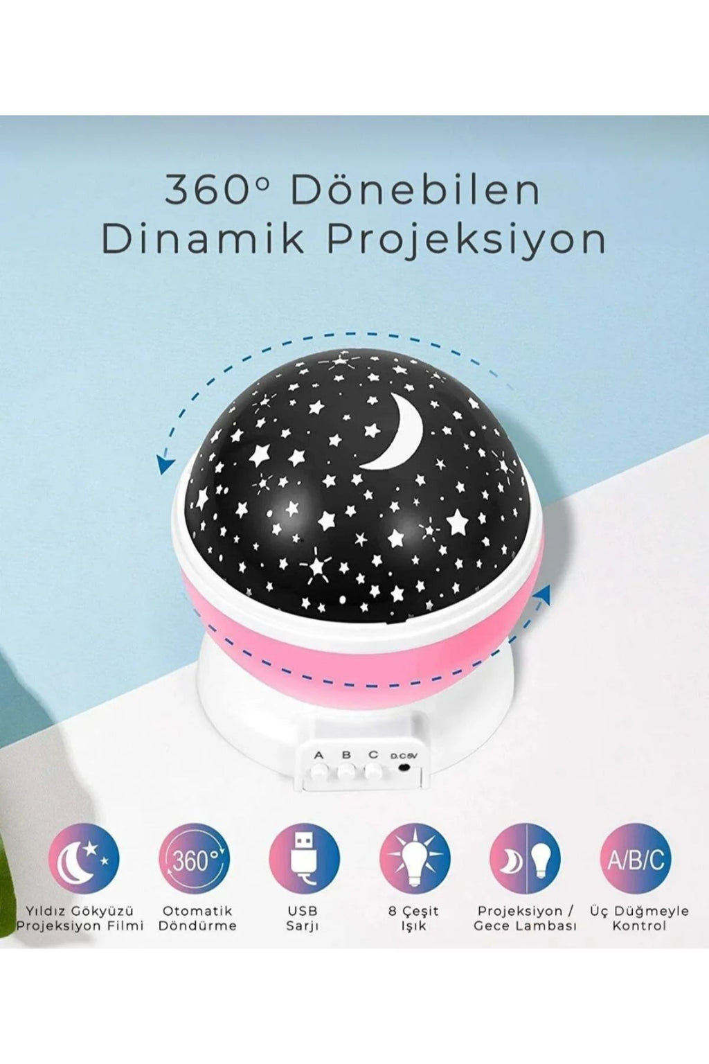 Tavana Işık Yansıtmalı Gece Lambası Dönen Yıldız Ay Projeksiyon Çocuk Odası Lambası 8 Renkli USB/Pil
