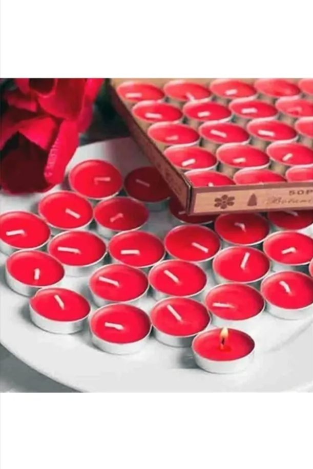 Tealight Mum - Kırmızı Küçük Yuvarlak Yılbaşı Yer Ve Masa Mumu 50 Adet 4 Saat Yanar
